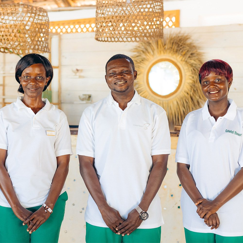 Reception team at Cristal Resort welcoming guests to Paje Beach, Zanzibar.